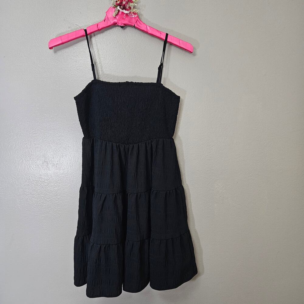 Whimsigoth Cottage Boho Black Smocked Tiered Mini Cami Dress L Crinkle Textured